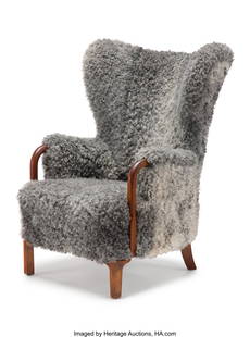 Danish School (20th century) Danish Sheepskin Wi: Danish School (20th century) Danish Sheepskin Wingback Chair, 1930s Gotland lamb's wool, mahogany 42 x 30 x 25 inches (106.7 x 76.2 x 63.5 cm) 