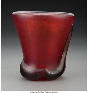 Carlo Scarpa (Italian, 1906-1978) 'Corroso' Vase: Carlo Scarpa (Italian, 1906-1978) 'Corroso' Vase, model no. 4105, circa 1936, Venini Handblown ruby and amber corroso glass with applied decoration and