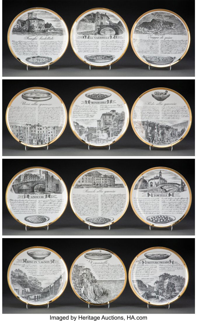Piero Fornasetti (Italian, 1913-1988) Twelve Pla: Piero Fornasetti (Italian, 1913-1988) Twelve Plates from the 'Specialità regionali italiane' Series, circa 1960 Transfer-printed and gilt porcelain 9-1/2 inches (