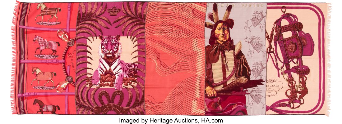 Hermès Pink & Purple Cashmere and Silk Carrè E: Hermès Pink & Purple Cashmere and Silk Carrè En Carrès Shawl Condition: 2 25" Width x 70" Length This shawl is done in a multicolor of cashmere & silk, with a 