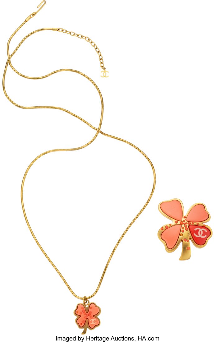 Chanel Set of Two: Coral Pink Clover Necklace an (1 of 1)