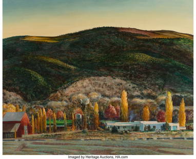 67007: Peter Hurd (American, 1904-1984) The Coe Ranch, : Peter Hurd (American, 1904-1984) The Coe Ranch, Glencoe, New Mexico, 1946 Tempera on Masonite 40 x 48 inches (101.6 x 121.9 cm) Signed lower