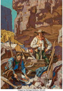 67012: Dean Cornwell (American, 1892-1960) The Californ: Dean Cornwell (American, 1892-1960) The California Forty-Niners study Oil and pencil on board laid on canvas 19 x 13-1/4 inches (48.3 x 33.7 cm) Bears