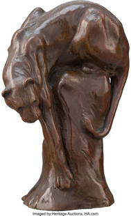 67015: Anna Hyatt Huntington (American, 1876-1973) Desc: Anna Hyatt Huntington (American, 1876-1973) Descending Panther Bronze with brown patina 6-1/4 inches (15.9 cm) high Inscribed on base: Anna V. Hyatt