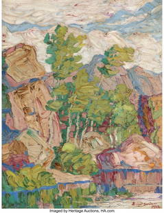 67022: Birger Sandzén (American, 1871-1954) The Brook,: Birger Sandzén (American, 1871-1954) The Brook, Rocky Mountain National Park, Colorado, 1928 Oil on Masonite 18 x 14 inches (45.7 x 35.6