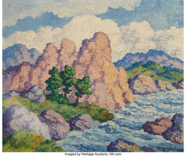 67024: Birger Sandzén (American, 1871-1954) Mountain S: Birger Sandzén (American, 1871-1954) Mountain Stream, Boulder Canyon, Colorado, 1950 Oil on Masonite 20 x 24 inches (50.8 x 61.0 cm)