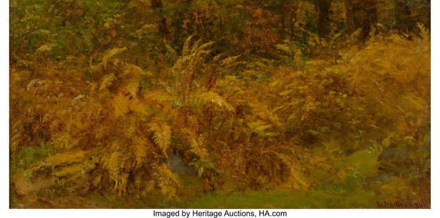 67054: Thomas Worthington Whittredge (American, 1820-19: Thomas Worthington Whittredge (American, 1820-1910) The Catskill Ferns in Autumn Oil on canvas laid on board 8-1/8 x 16 inches (20.6 x 40.6 cm) Signed lower