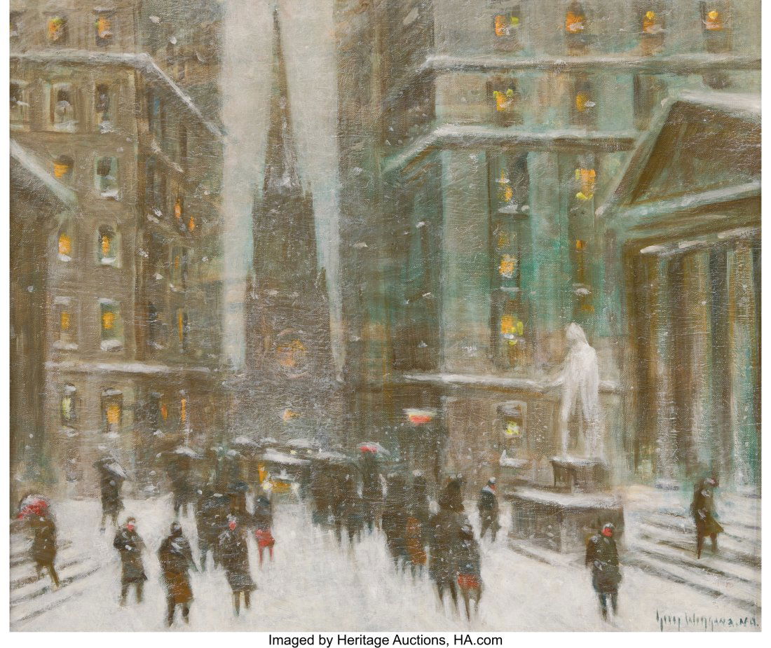 Guy Carleton Wiggins (American, 1883-1962) Wall: Guy Carleton Wiggins (American, 1883-1962) Wall Street Closing Hour Oil on canvas 20 x 24 inches (50.8 x 61.0 cm) Signed and inscribed lower right: Guy Wi