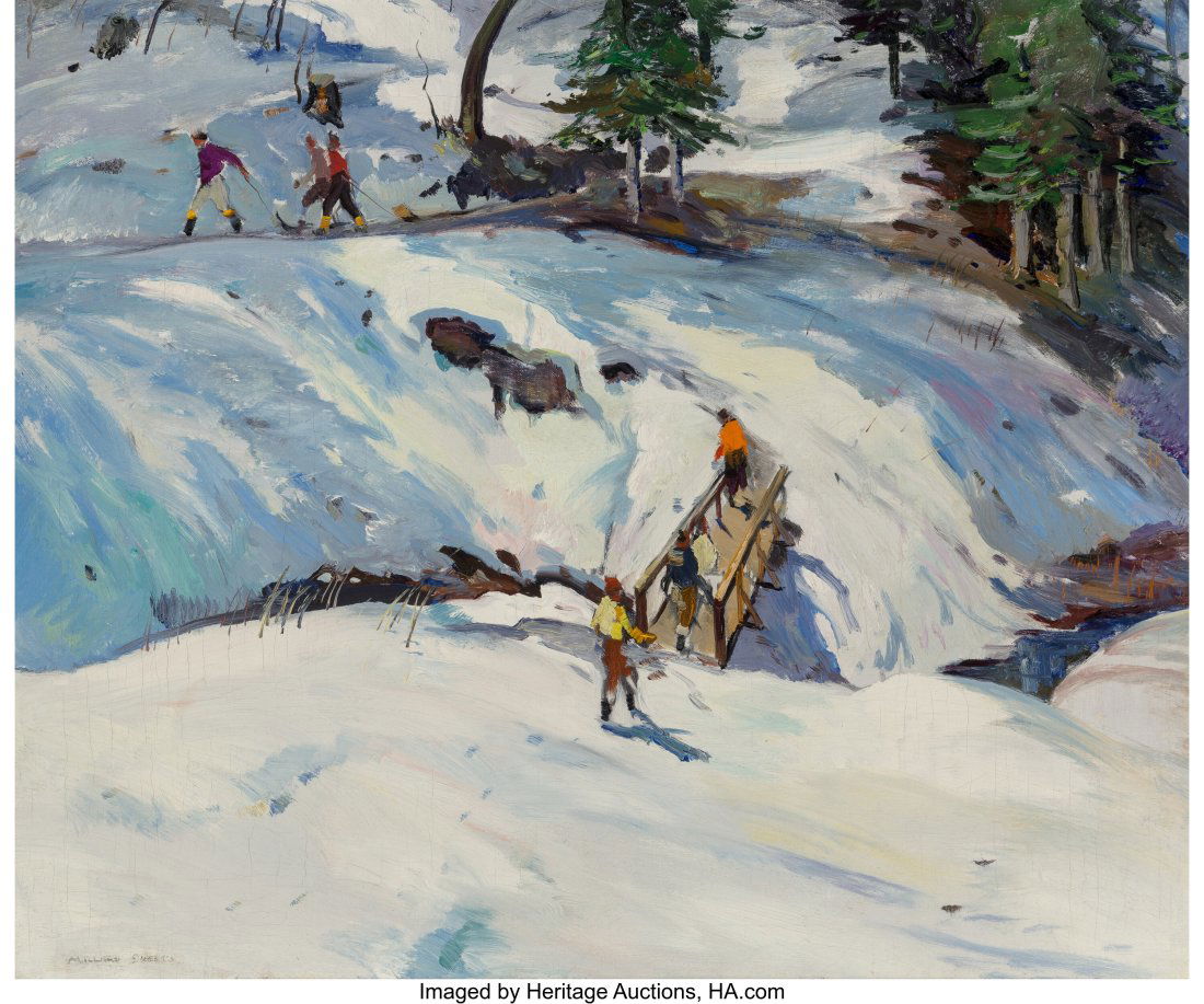 Millard Sheets (American, 1907-1989) Skiers at W: Millard Sheets (American, 1907-1989) Skiers at Wrightwood, 1928 Oil on canvas 25 x 30-1/4 inches (63.5 x 76.8 cm) Signed lower left: Millard She