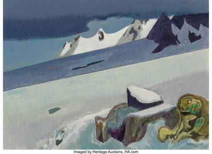 67075: Millard Sheets (American, 1907-1989) Cold Clear : Millard Sheets (American, 1907-1989) Cold Clear Air of Upper Alps, 1980 Acrylic on canvas 29 x 40 inches (73.7 x 101.6 cm) Signed and dated lower right&co