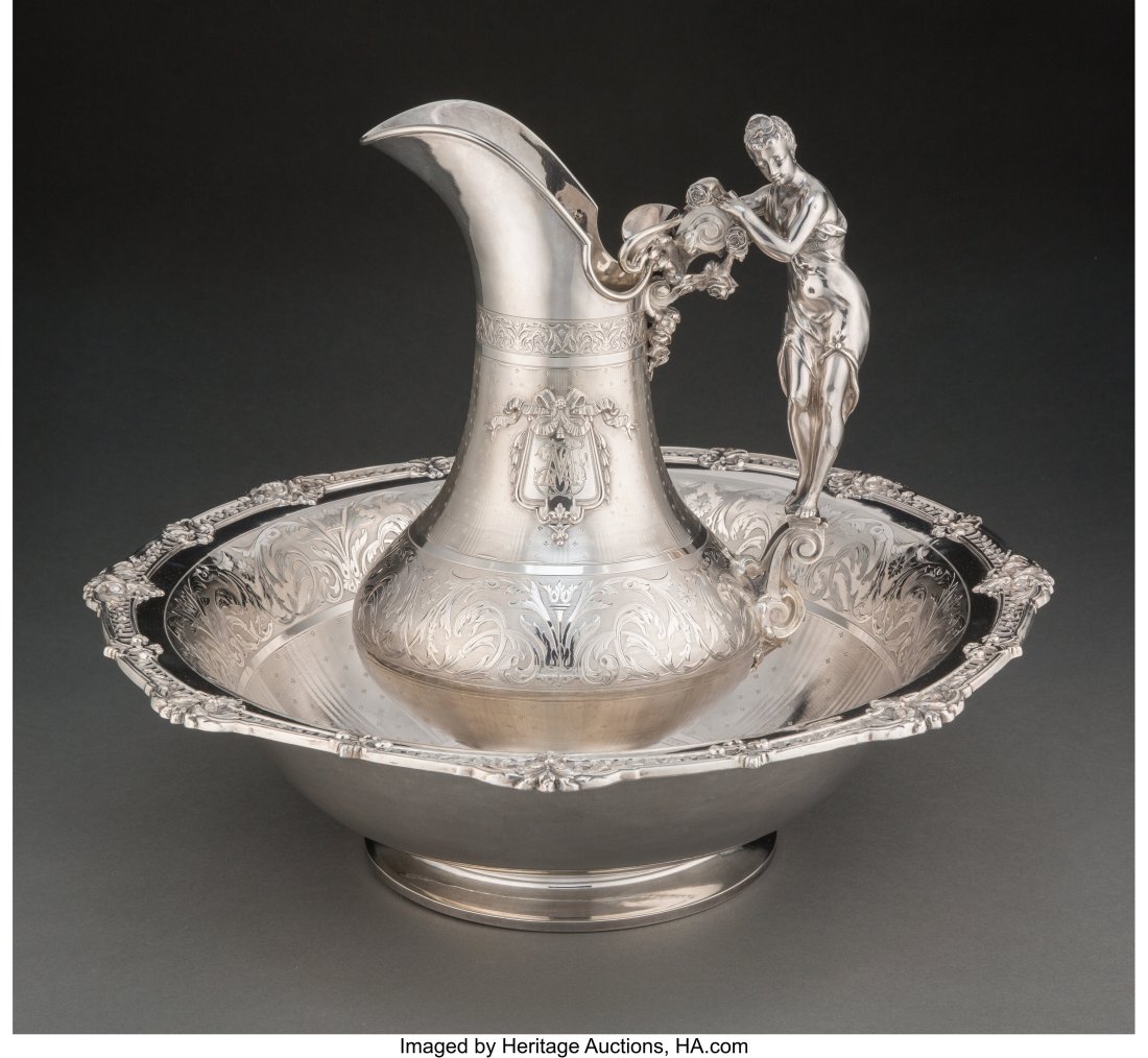 A Large Jean Lucien Ferry Silver Ewer and Basin, (1 of 5)