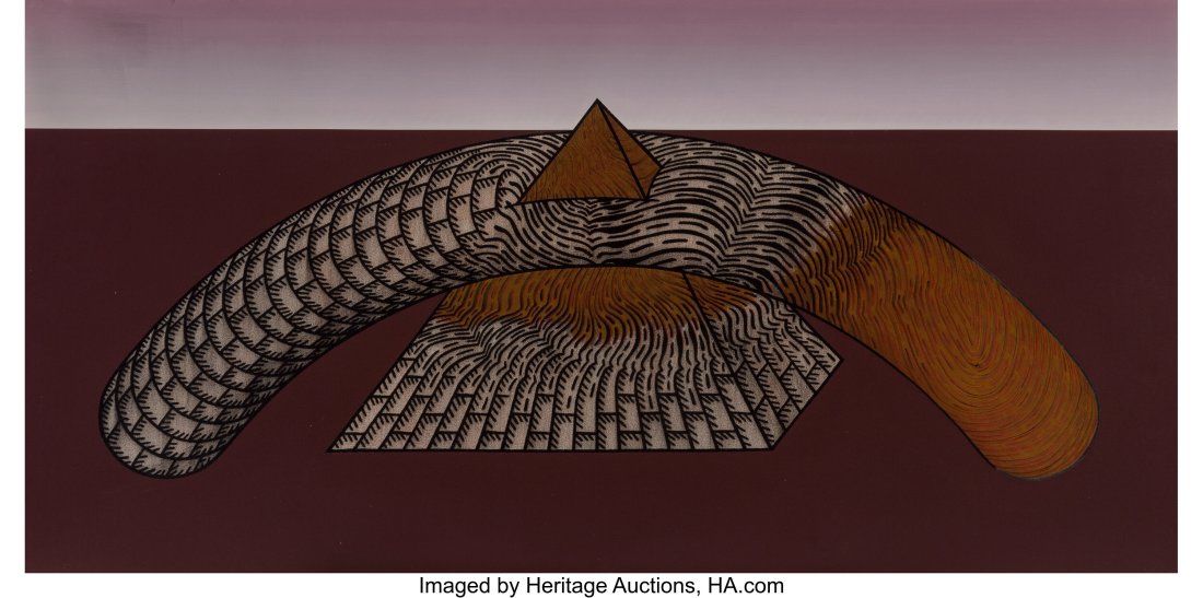 William Schwedler (American, 1942-1982) Pyramid: William Schwedler (American, 1942-1982) Pyramid Piercing Bent Bomb, circa 1969 Oil and acrylic on canvas 42-1/4 x 84 inches (107.3 x 213.4 cm) Signed