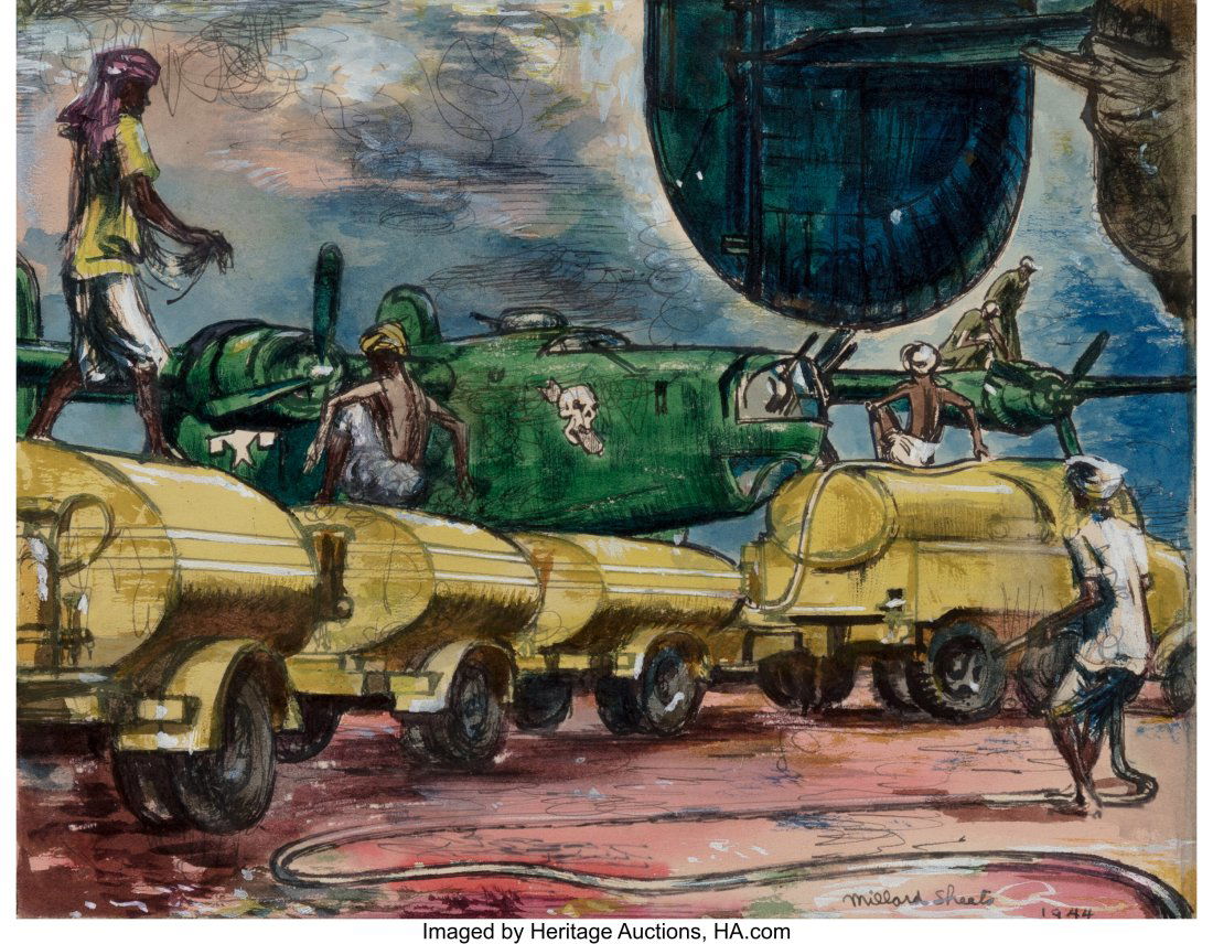 Millard Sheets (American, 1907-1989) B-24 Bomber: Millard Sheets (American, 1907-1989) B-24 Bombers, Refueling in India during WWII, 1944 Watercolor on board 7 x 9 inches (17.8 x 22.9 cm) (imag