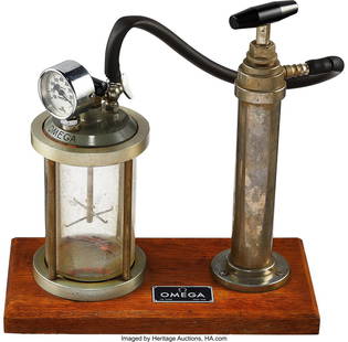 Omega Vintage Pressure Tester For Repair. Vinta: Omega Vintage Pressure Tester For Repair. Vintage Omega pressure tester. Wood base measures: 12 inches by 6 inches. Base of the "pump" section measures about 3 inches in