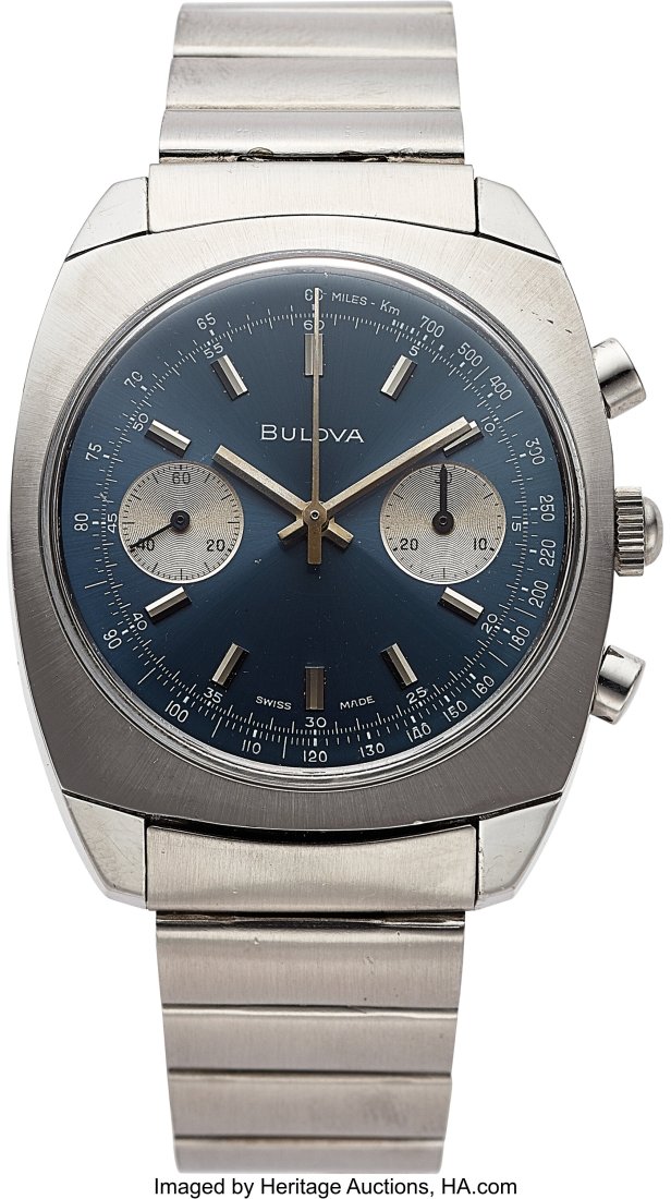 Bulova, Stainless Steel Manual Wind Chronograph : Bulova, Stainless Steel Manual Wind Chronograph circa 1970's Case: 37mm, stainless steel, screw back Dial: Sunburst blue dial with silver sub-dials, and matching st