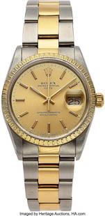 Rolex, 34mm, 18k & Stainless Oyster Perpetual Da: Rolex, 34mm, 18k & Stainless Oyster Perpetual Date Wristwatch. Ref: 15223. Circa 1990. Case: 34mm, 18k and stainless steel, three piece