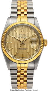 Rolex, Fine Two Tone Oyster Perpetual Datejust,: Rolex, Fine Two Tone Oyster Perpetual Datejust, Ref. 16013, circa 1986 Case: 36 mm, stainless steel and 18k gold, three body, fluted gold