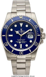 Rolex, "Smurf" 18k White Gold Submariner, Ref. 1: Rolex, "Smurf" 18k White Gold Submariner, Ref. 116619, circa 2011 Case: 40 mm, 18k white gold, three body, blue ceramic bezel, screw down case
