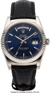 Rolex, 18k White Gold Oyster Perpetual Day-Date,: Rolex, 18k White Gold Oyster Perpetual Day-Date, Blue Dial, Ref. 118139, circa 2019 Case: 36 mm, 18k white gold , three body, screw back,