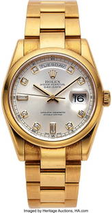Rolex, Very Fine 18k Gold Day-Date, Diamond Dial: Rolex, Very Fine 18k Gold Day-Date, Diamond Dial Ref. 118208, circa 2000 Case: 36 mm, 18k yellow gold, three body, rounded smooth bezel, screw