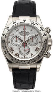 Rolex, White Gold Cosmograph Daytona, Meteorite: Rolex, White Gold Cosmograph Daytona, Meteorite Dial, Ref. 116519, circa 2002 Case: 40 mm, 18k white gold, three body, screw down case