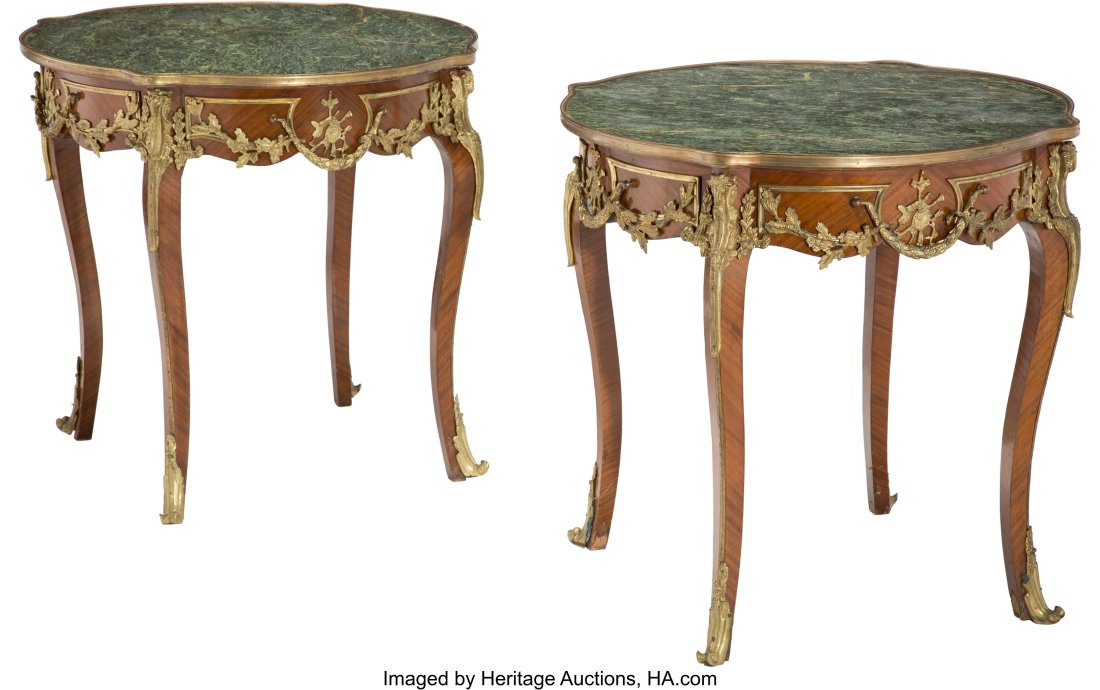 A Pair of French Louis XV-Style Gilt Bronze-Moun: A Pair of French Louis XV-Style Gilt Bronze-Mounted Mahogany Gueridons with Marble Tops, 20th century 30 x 31-3/4 x 30-1/4 inches (76.2 x 80.6 x 76.8 cm) &