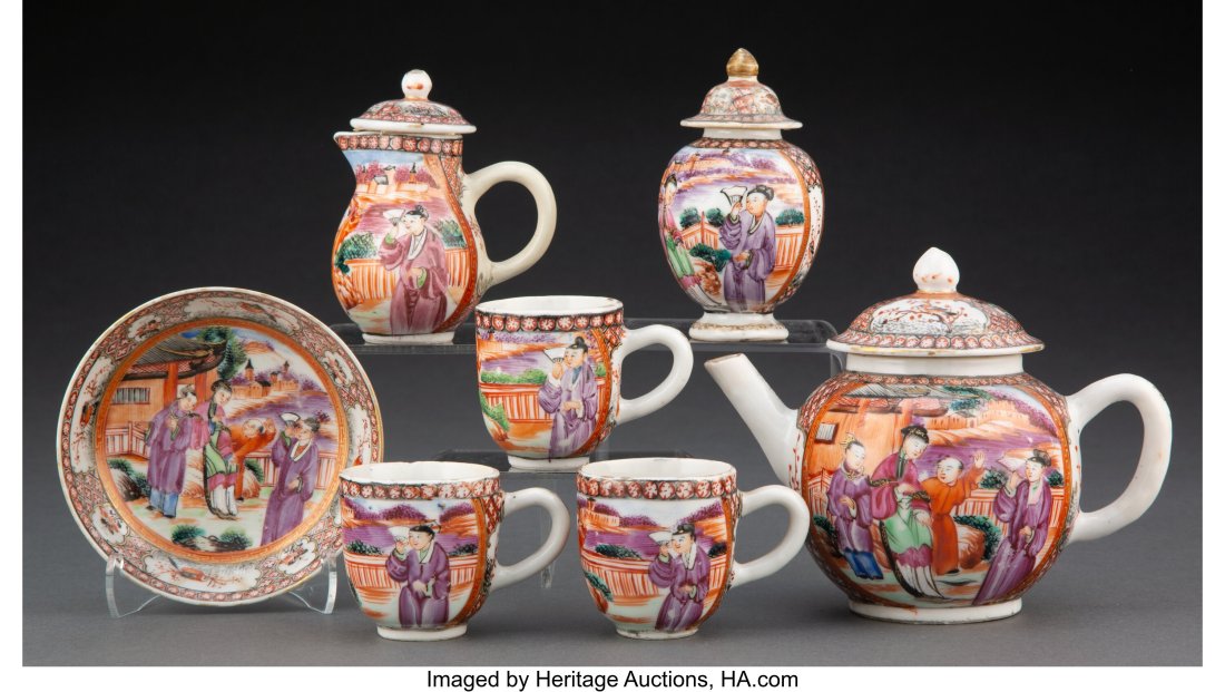 A Seven-Piece Chinese Export Partial Gilt Porcel: A Seven-Piece Chinese Export Partial Gilt Porcelain Miniature Tea Service, mid-18th century 4 x 5-1/2 x 3-1/2 inches (10.2 x 14.0 x 8.9 cm) (largest&c