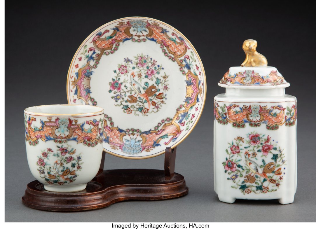 Three Chinese Export Partial Gilt Porcelain Tabl: Three Chinese Export Partial Gilt Porcelain Table Articles, mid-18th century 5-1/4 x 2-3/4 x 2-1/4 inches (13.3 x 7.0 x 5.7 cm) (largest, te