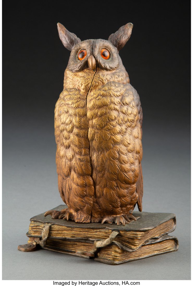 A Franz Bergman Cold Painted Naughty Bronze Figu: A Franz Bergman Cold Painted Naughty Bronze Figure: Owl, late 19th-early 20th century Marks: (amphora-B), NAM GREB 7-3/4 x 5 x 4-1/4 inches (19.6 