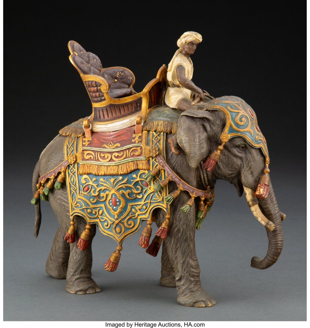 A Franz Bergman Cold Painted Figure: Elephant wi: A Franz Bergman Cold Painted Figure: Elephant with Howdah and Attendant, late 19th-early 20th century Marks: GESCHÜTZT, (amphora-B), (various) 9-