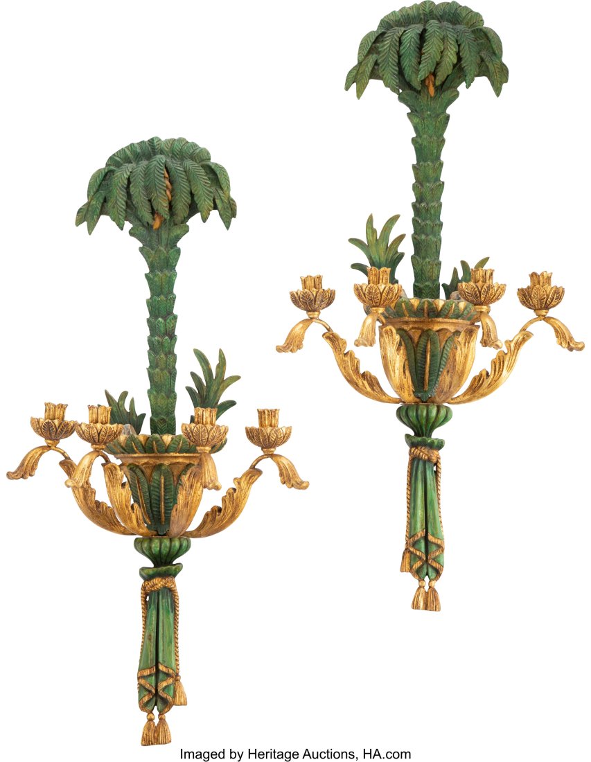 A Pair of Gilt and Polychrome Wood Wall Sconces,: A Pair of Gilt and Polychrome Wood Wall Sconces, late 20th century 44 x 21 x 7 inches (111.8 x 53.3 x 17.8 cm) HID03101062020 &NewLine