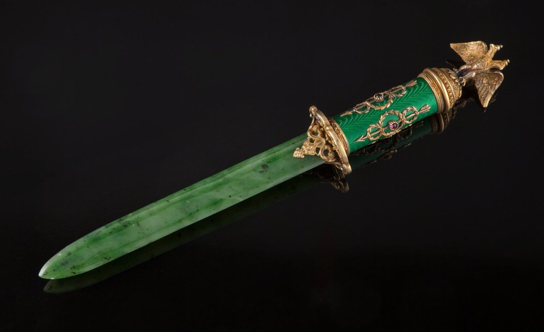 A Gilt Silver and Guilloche Enamel Letter Opener: A Gilt Silver and Guilloche Enamel Letter Opener with Jadeite Blade in the Manner of Fabergé, late 20th century 9-3/4 x 1-1/2 inches (24.8 x 3.8 cm) 4&peri