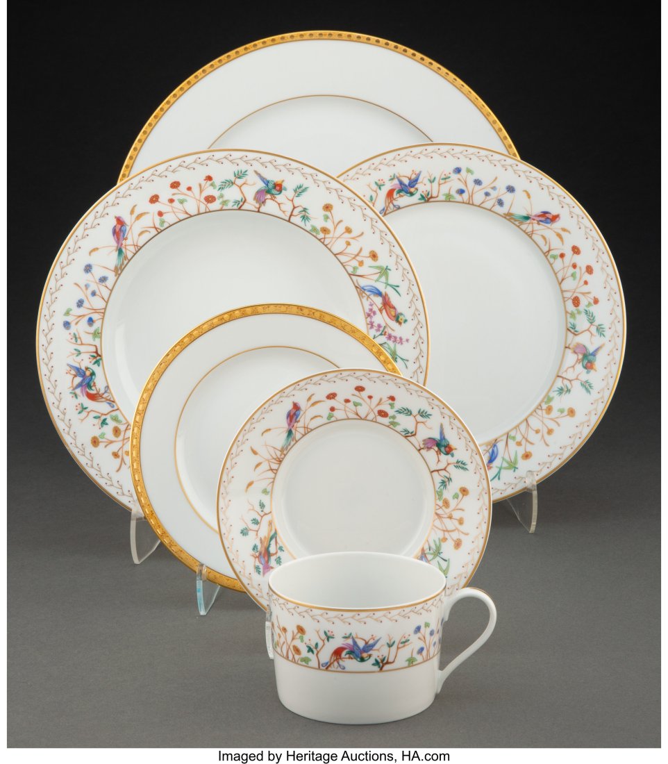A Sixty-Four Piece Tiffany & Co. Married Partial: A Sixty-Four Piece Tiffany & Co. Married Partial Gilt Porcelain Service for Eight, Limoges, France, late 20th century Marks to Gold Band Pattern: DESIGNED BY TIFFANY