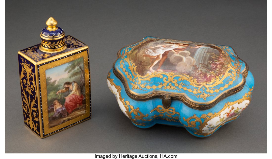 Two Continental Partial Gilt Porcelain Table Art: Two Continental Partial Gilt Porcelain Table Articles, late 19th century Marks to tea caddy: (beehive) in blue underglaze Marks to box: (pseudo Sèvres mark&rpar