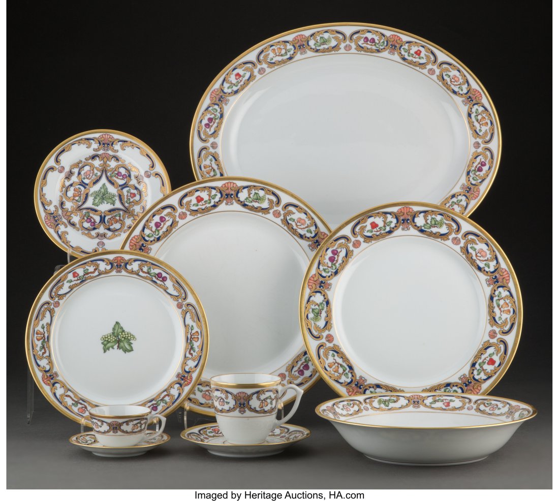 A Ninety-Piece Cartier La Maison Du Prince Patte: A Ninety-Piece Cartier La Maison Du Prince Pattern Porcelain Dinner Service for Eight, Limoges, France, circa 1986 Marks: LA MAISON DU PRINCE, CARTIER, MADE IN FRAN