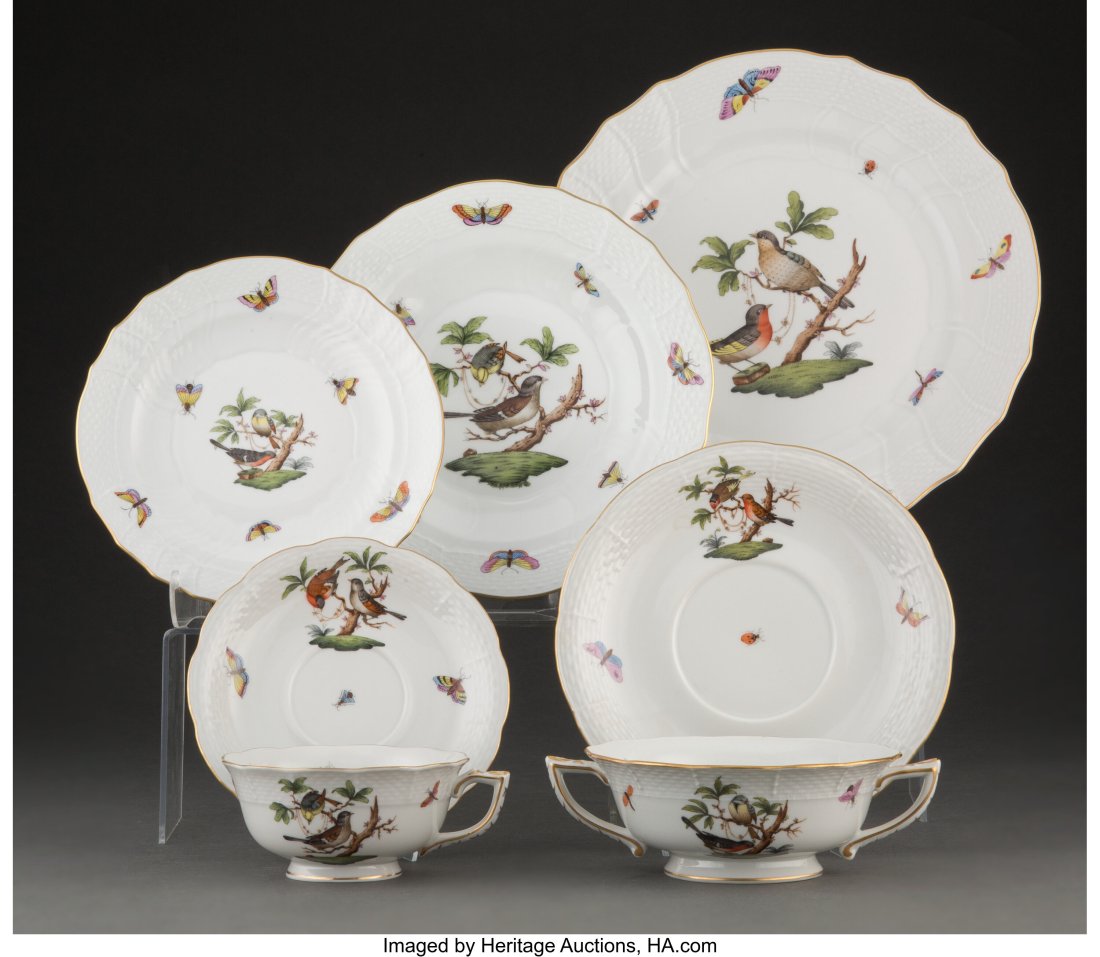 A Seventy-Two Piece Herend Rothschild Bird Patte: A Seventy-Two Piece Herend Rothschild Bird Pattern Porcelain Partial Dinner Service for Twelve, 20th century Marks: HEREND HUNGARY, (crowned shield), (various&rp