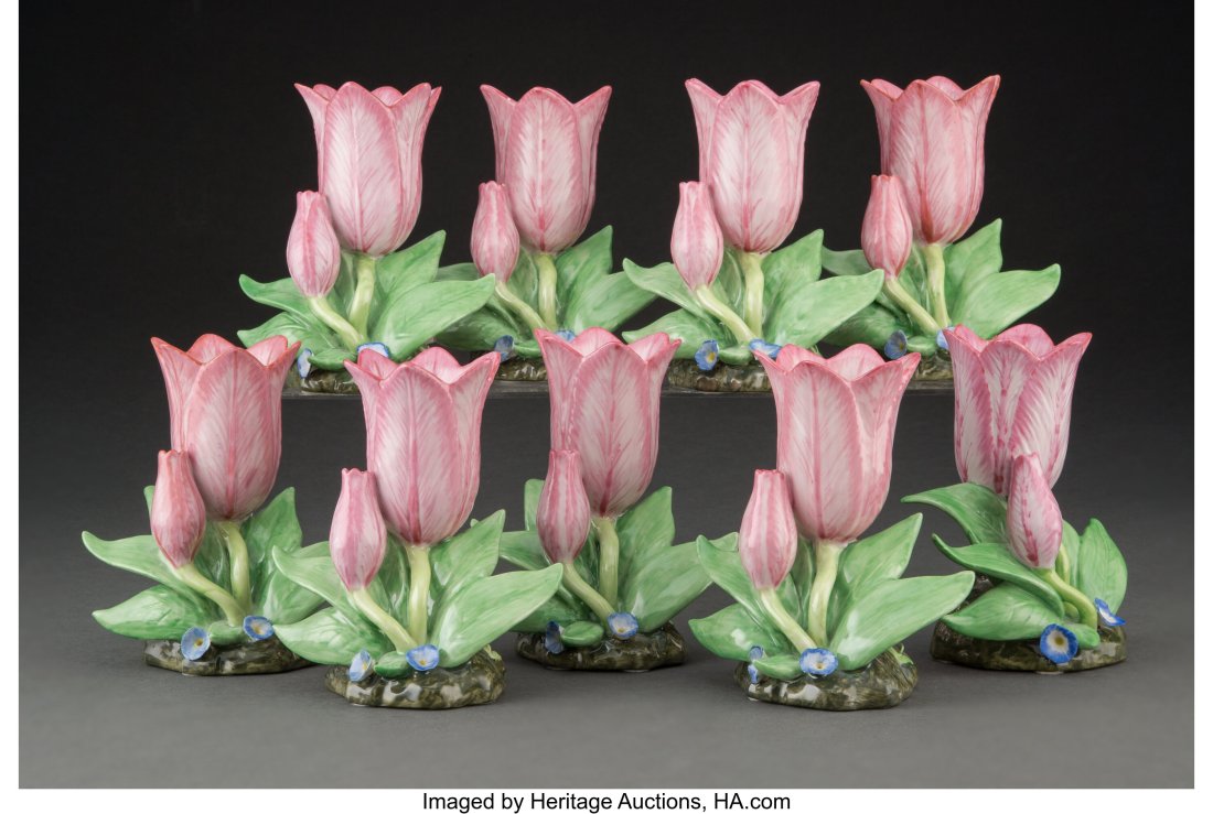 A Set of Nine Mottahedeh Porcelain Tulip-Form Va: A Set of Nine Mottahedeh Porcelain Tulip-Form Vases, late 20th century Marks: STATELY HOMES, SIR HUMPHREY, WAKEFIELD, (shield), Mottahedeh, MADE IN 