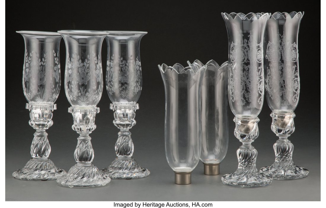 Five French Clear Glass Hurricane Lamps, late 20: Five French Clear Glass Hurricane Lamps, late 20th century Marks: BACCARAT, (goblet-decanter-cup), FRANCE; SAINT-LOUIS, FRANCE, (various) 1