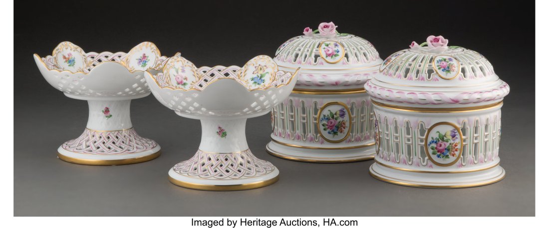 A Group of Four Herend Printemps Pattern Porcela: A Group of Four Herend Printemps Pattern Porcelain Reticulated Table Articles, late 20th century Marks: HEREND HUNGARY, (crowned shield), HANDPAINTED, (var