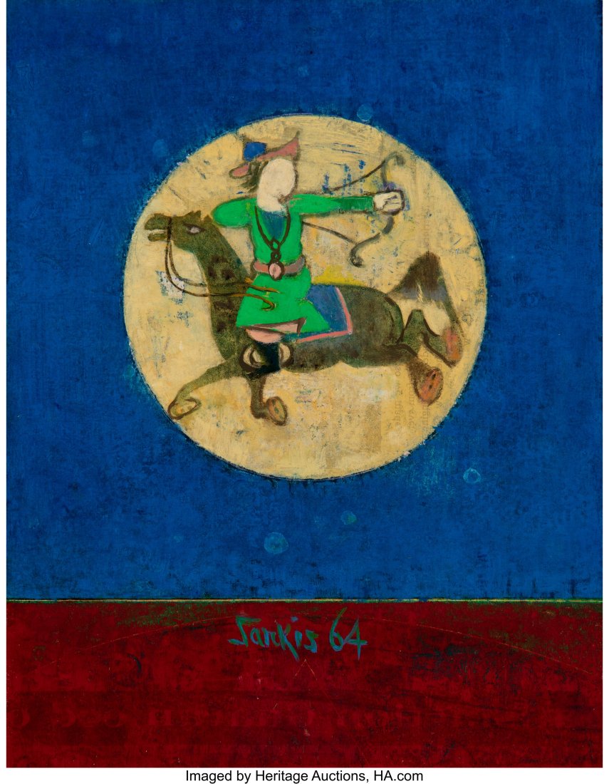 Sarkis Sarkisian (American/ Turkish , 1909-1977): Sarkis Sarkisian (American/ Turkish , 1909-1977) The Mongolian Archer on Horseback, 1964 Oil on Masonite 10 x 7-3/4 inches (25.4 x 19.7 cm) Sign a