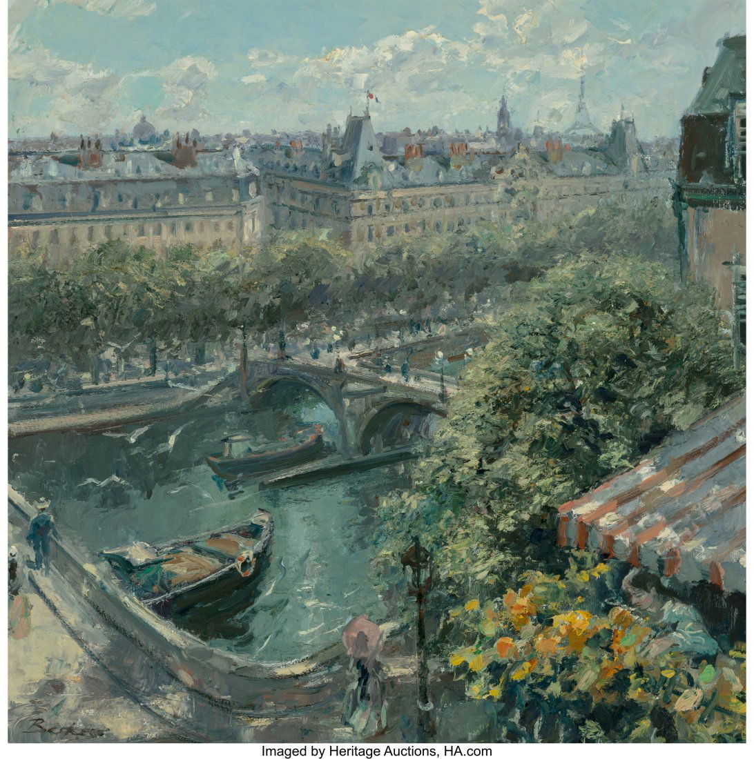 Hans Joseph Wilhelm Becker (German, b. 1930) Vie: Hans Joseph Wilhelm Becker (German, b. 1930) View of Paris across the Seine, facing northwest Oil on canvas 39 x 39 inches (99.1 x 99.1 cm) Signed