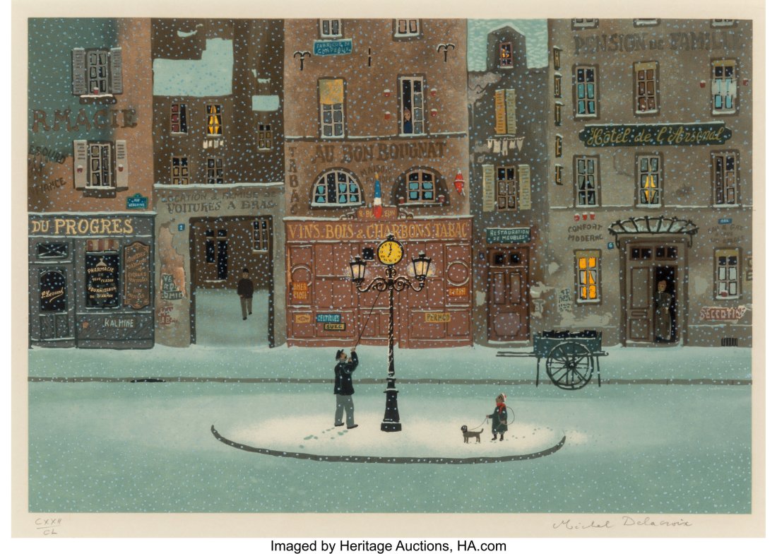 Michel Delacroix (French, b. 1933) Snow Clock Li: Michel Delacroix (French, b. 1933) Snow Clock Lithograph in colors on paper 11-3/4 x 17-1/4 inches (29.8 x 43.8 cm) (image) Ed. 