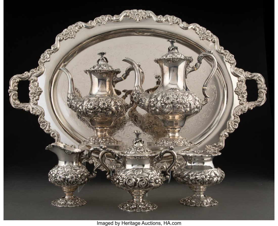 A Five-Piece Stieff Rose Pattern Silver Tea and : A Five-Piece Stieff Rose Pattern Silver Tea and Coffee Service with Associated Poole Lancaster Rose Pattern Silver-Plated Tray, Baltimore, Maryland, designed 1892 Marks: Servic