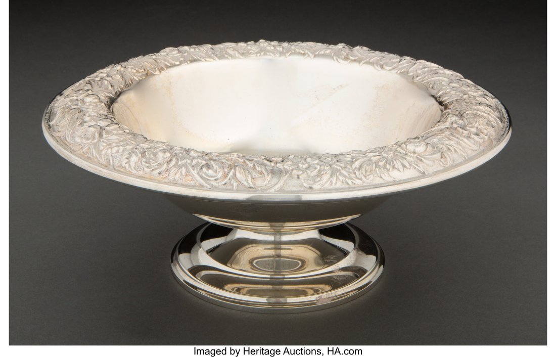 An S. Kirk & Son Chased Repoussé Silver Footed : An S. Kirk & Son Chased Repoussé Silver Footed Bowl, Baltimore, Maryland Marks: S. KIRK & SON, STERLING, 32F, LUBIN 4 x 10 x 10 inches 