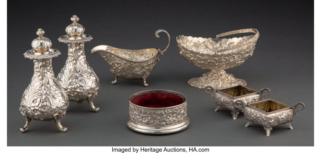 A Group of Seven American and British Chased Rep: A Group of Seven American and British Chased Repoussé Silver Table Articles Marks: (various) 6 x 3 x 3 inches (15.2 x 7.6 x 7.6 cm) (tallest&