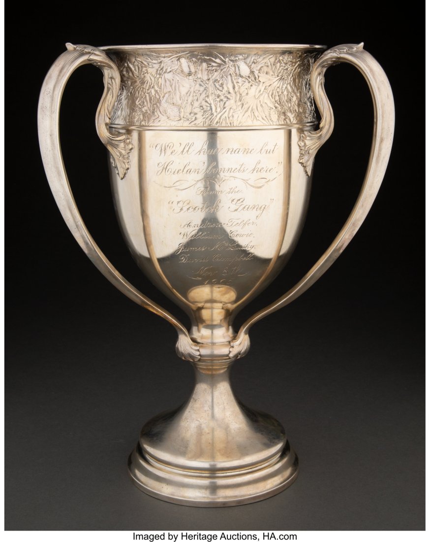 A Gorham Mfg. Co. Silver Three-Handled Presentat: A Gorham Mfg. Co. Silver Three-Handled Presentation Cup, circa 1905 Marks: (lion-anchor-G), STERLING, A4846, 8 PINT, F 14-3/4 x 10-1&sol