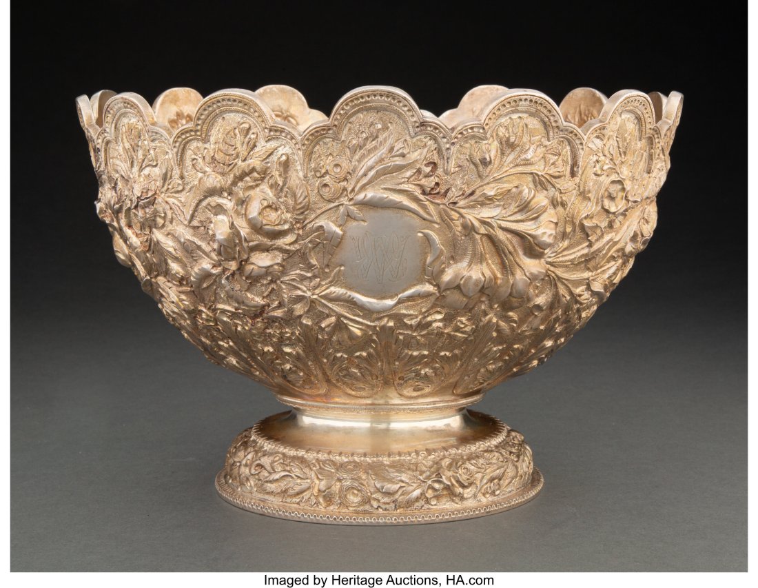 An S. Kirk & Son Silver Chased Repoussé Center : An S. Kirk & Son Silver Chased Repoussé Center Bowl, Baltimore, Maryland, 1868-1896 Marks: S. Kirk & Son 6-1/2 x 9-3/8 inches (16&peri