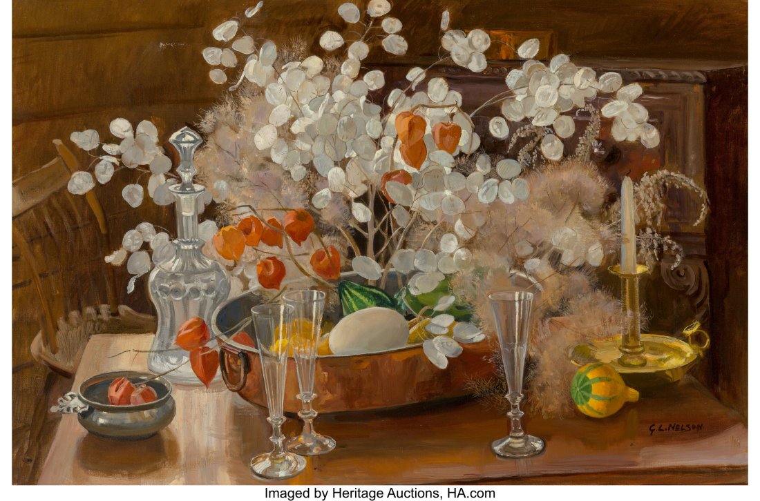 George Laurence Nelson (American, 1887-1978) Aut: George Laurence Nelson (American, 1887-1978) Autumnal still life Oil on canvas 24 x 36 inches (61.0 x 91.4 cm) Signed lower right: G.L. Nels