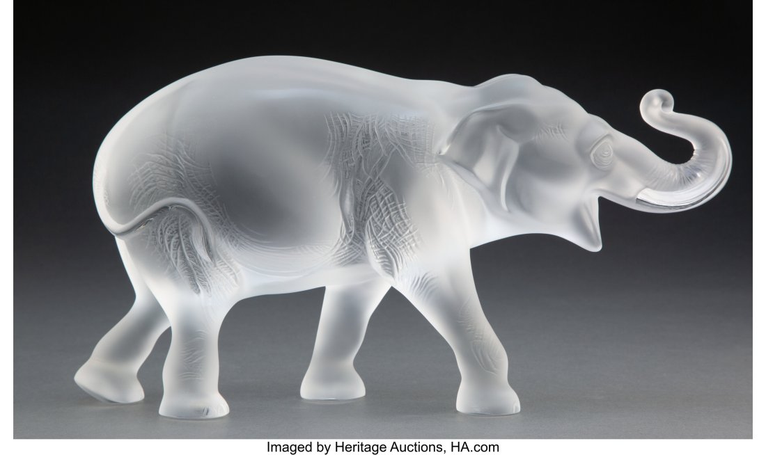 A Lalique Clear and Frosted Glass Sumatra Elepha: A Lalique Clear and Frosted Glass Sumatra Elephant in Original Fitted Box, post-1945 Marks: Lalique France 6-7/8 x 12-3/4 x 4-3/4 inches (17.5 x 32.4 x 12&pe