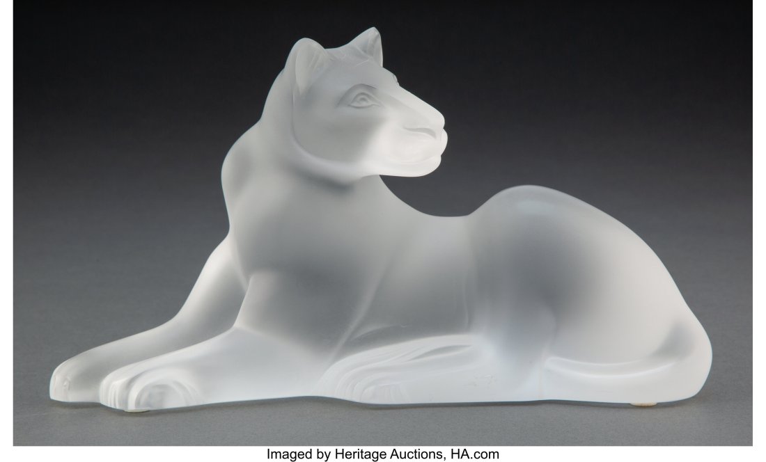 A Lalique Clear and Frosted Glass Simba Lioness: A Lalique Clear and Frosted Glass Simba Lioness in Original Fitted Box, post-1945 Marks: Lalique France 5-1/2 x 9-3/4 x 4 inches (14.0 x 24.8 x 10.2 cm&rp
